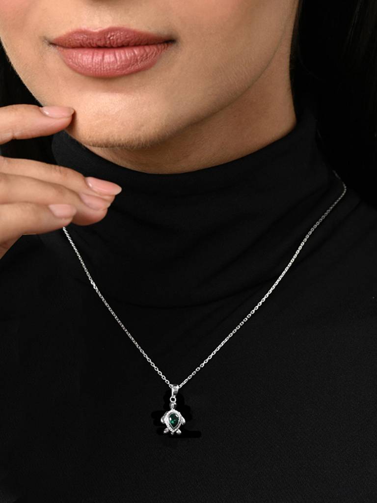 925 Silver Platinum Plated Swiss Zircon Lucky Tortoise Turtle Pendant Necklace With Chain Gift For Women & Gi : CSMNP16_FCHAIN
