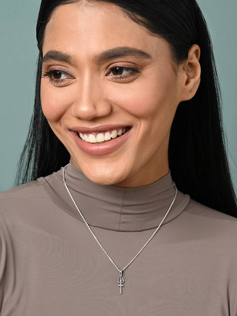 925 Silver Platinum Plated Religious Shiva Trishul Pendant Necklace With Chain Gift For Women & Girls : CSMNP17_FCHAIN