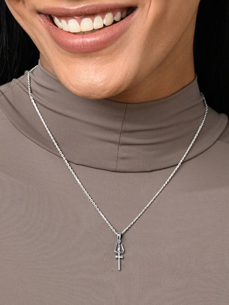 925 Silver Platinum Plated Religious Shiva Trishul Pendant Necklace With Chain Gift For Women & Girls : CSMNP17_FCHAIN