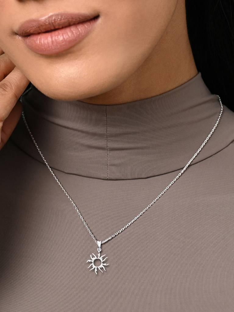 925 Silver Platinum Plated Sun Pendant Necklace With Chain Gift For Women & Girls : CSMNP5_FCHAIN