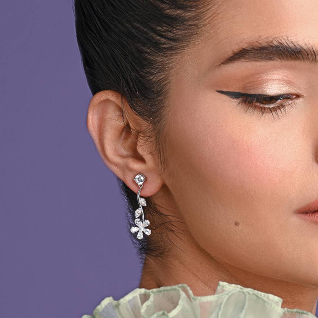 925 Sterling Silver Rhodium Plated Swiss Zirconia Stone Flower Dangler Earrings Gift For Women And Girls : CSNSE5