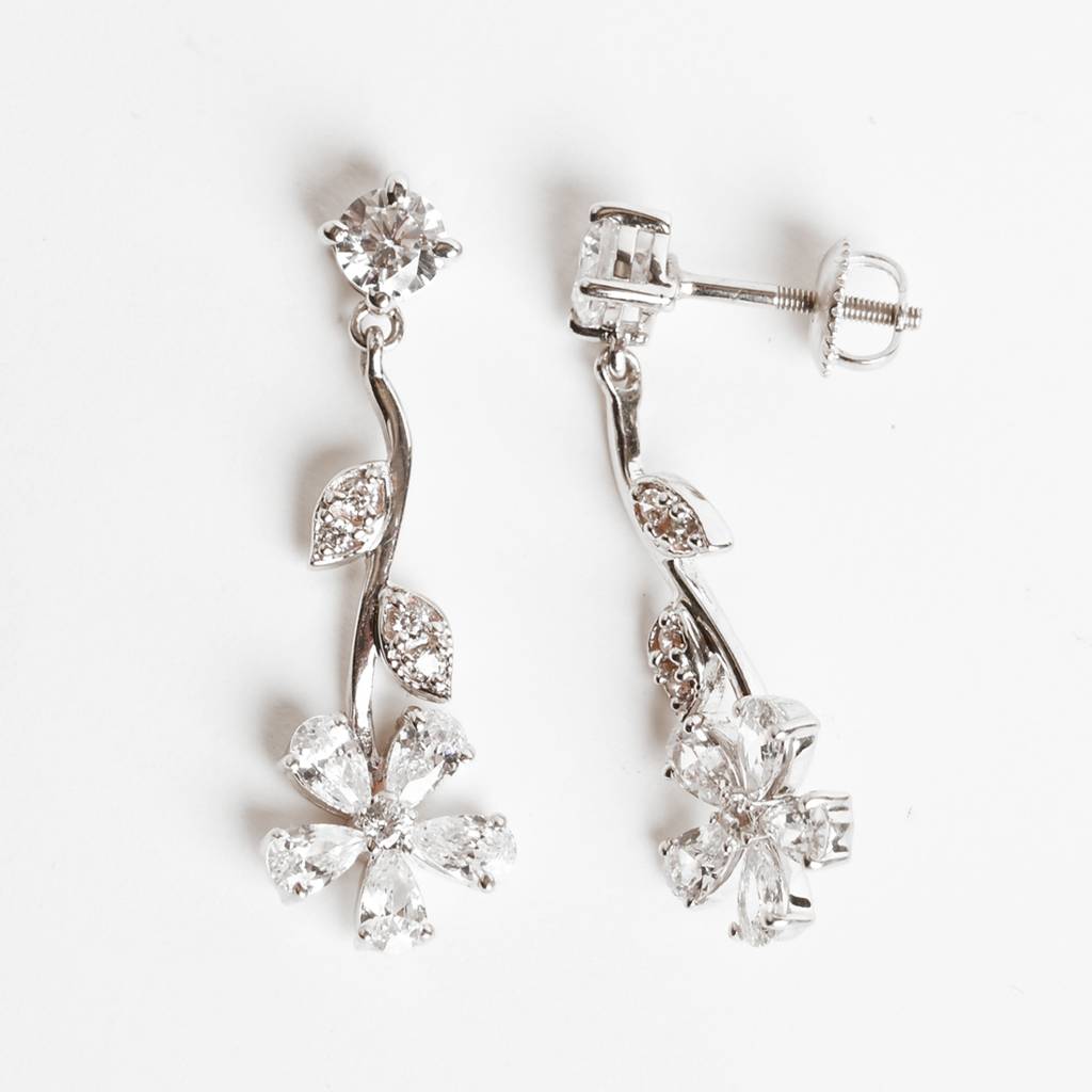 925 Sterling Silver Rhodium Plated Swiss Zirconia Stone Flower Dangler Earrings Gift For Women And Girls : CSNSE5