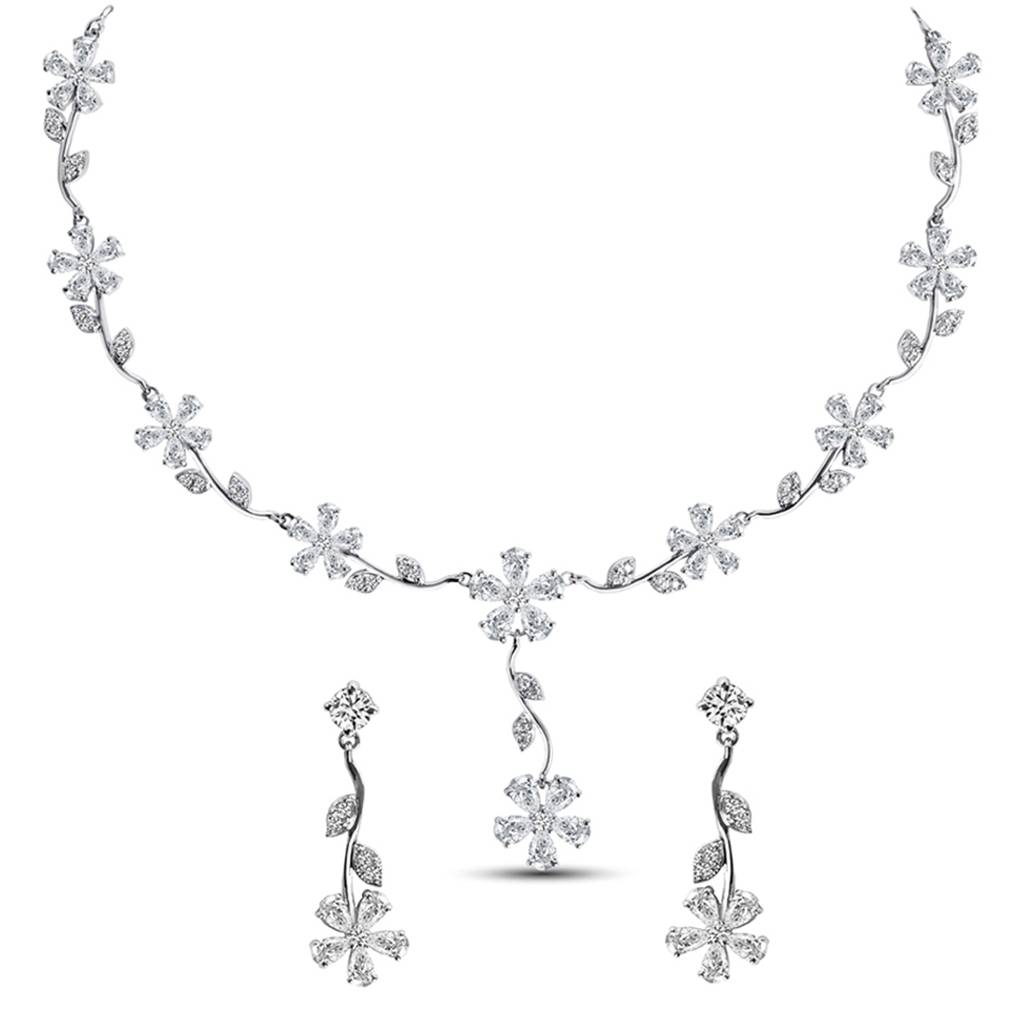 925 Sterling Silver Rhodium Plated Swiss Zirconia Stone Flower Necklace Jewellery Set With Earrings Gift For Women  : CSNSN5E5
