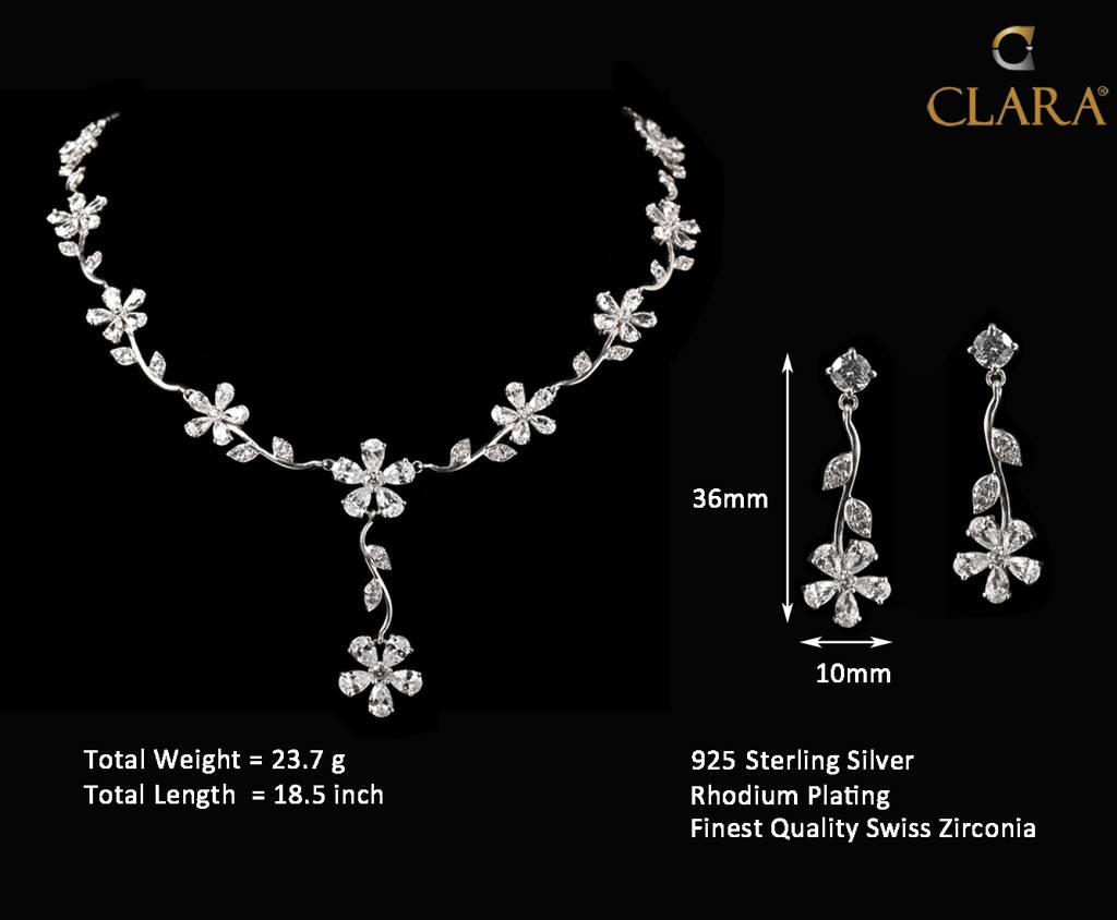 925 Sterling Silver Rhodium Plated Swiss Zirconia Stone Flower Necklace Jewellery Set With Earrings Gift For Women  : CSNSN5E5