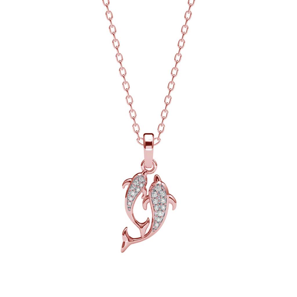 925 Sterling Silver Rose Gold Plated Swiss Zirconia Couple Dolphin Pendant Chain Necklace Gift For Women And Girls : CSP189