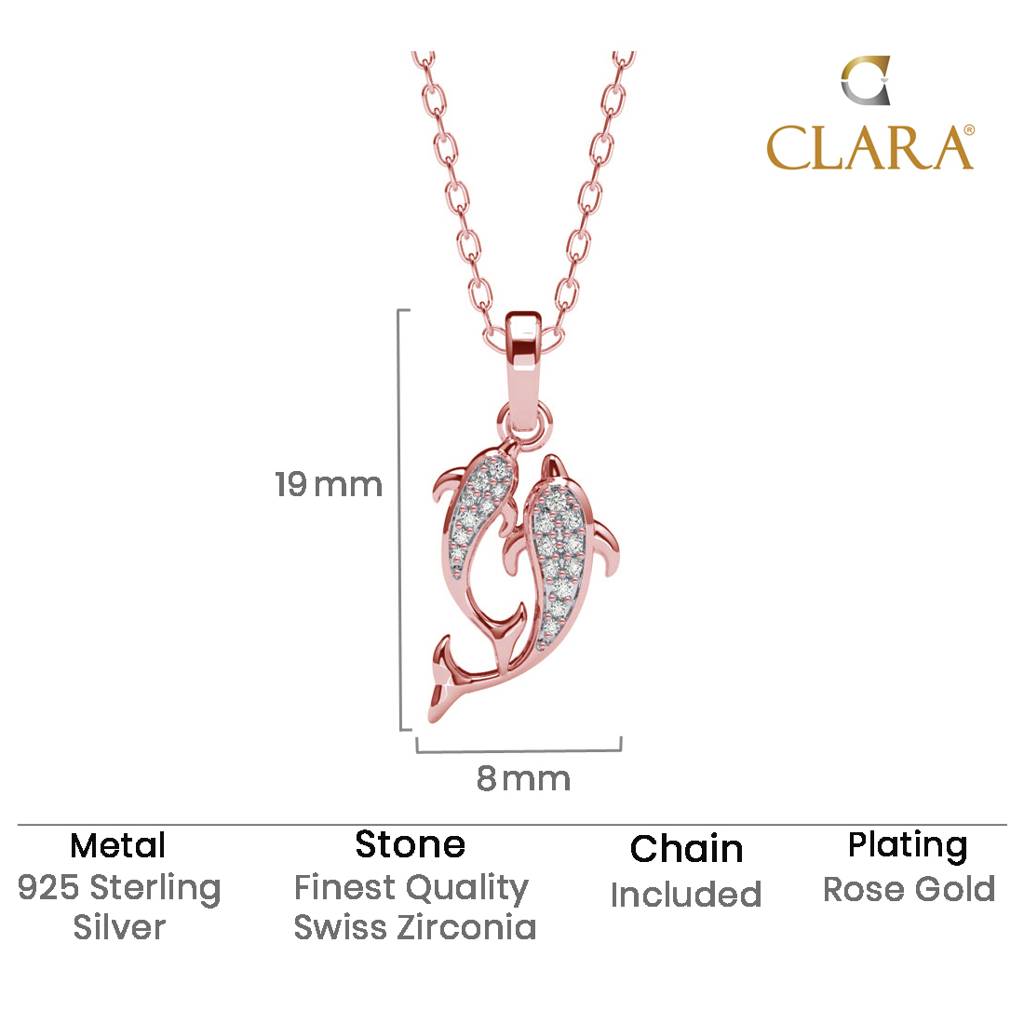 925 Sterling Silver Rose Gold Plated Swiss Zirconia Couple Dolphin Pendant Chain Necklace Gift For Women And Girls : CSP189