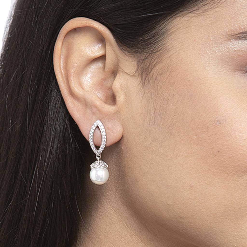 925 Sterling Silver Rhodium Plated Swiss Zirconia Pearl Akari Earrings Gift For Women & Girl : CSPCZE15