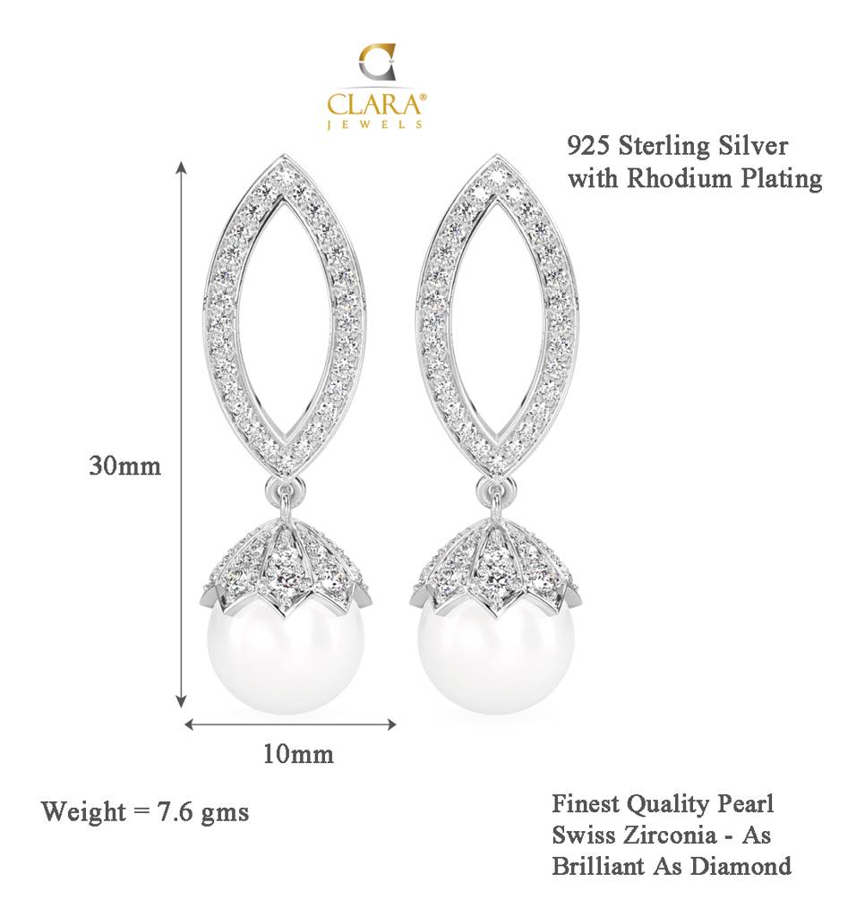 925 Sterling Silver Rhodium Plated Swiss Zirconia Pearl Akari Earrings Gift For Women & Girl : CSPCZE15