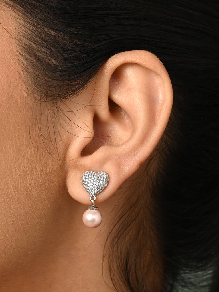 Clara 925 Nazy Pink Pearl Heart Earrings : CSPCZE37