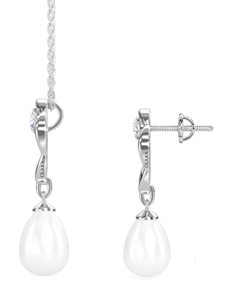 925 Silver Pearl Sara Pendant Earring Chain Jewellery Set Rhodium Plated, Gift For Women : CSPCZP20E20