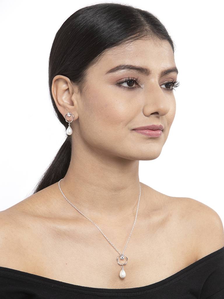 925 Silver Pearl Sara Pendant Earring Chain Jewellery Set Rhodium Plated, Gift For Women : CSPCZP20E20