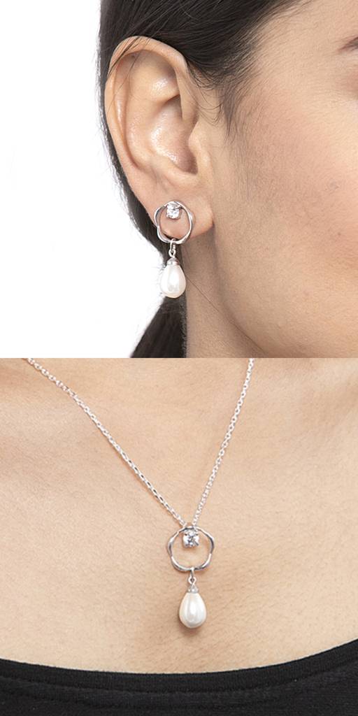 925 Silver Pearl Sara Pendant Earring Chain Jewellery Set Rhodium Plated, Gift For Women : CSPCZP20E20