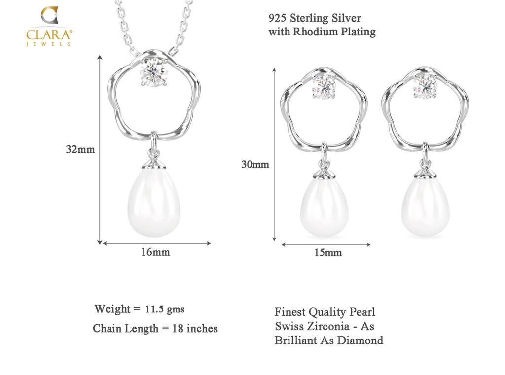 925 Silver Pearl Sara Pendant Earring Chain Jewellery Set Rhodium Plated, Gift For Women : CSPCZP20E20