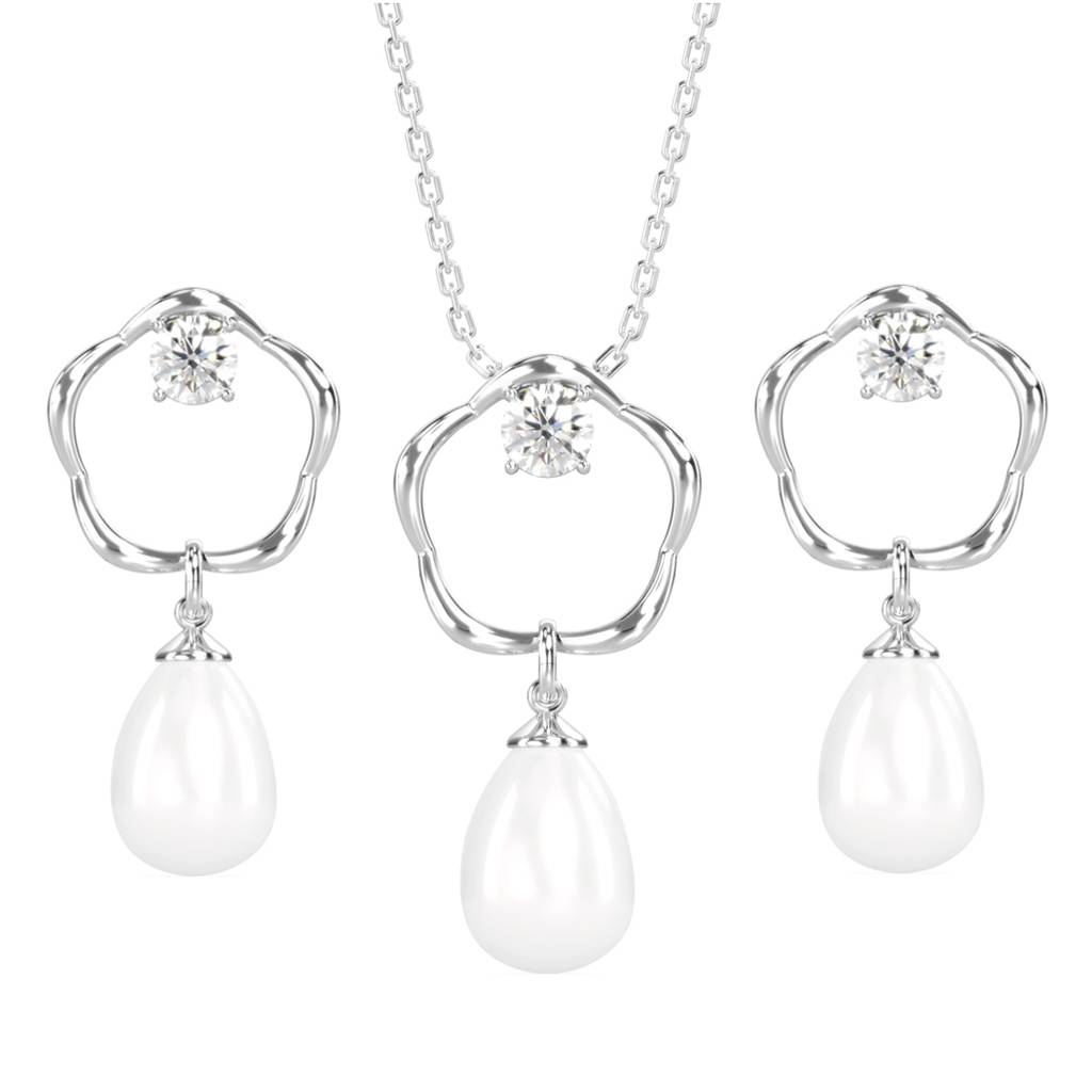 925 Silver Pearl Sara Pendant Earring Chain Jewellery Set Rhodium Plated, Gift For Women : CSPCZP20E20