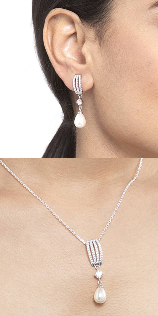 925 Silver Pearl Queen Pendant Earring Chain Jewellery Set Rhodium Plated Gift For Women : CSPCZP26E26