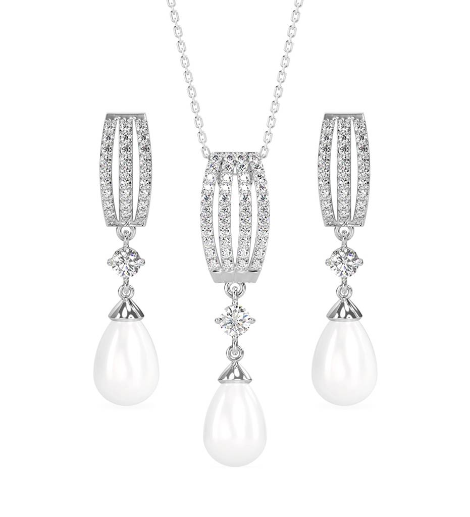 925 Silver Pearl Queen Pendant Earring Chain Jewellery Set Rhodium Plated Gift For Women : CSPCZP26E26