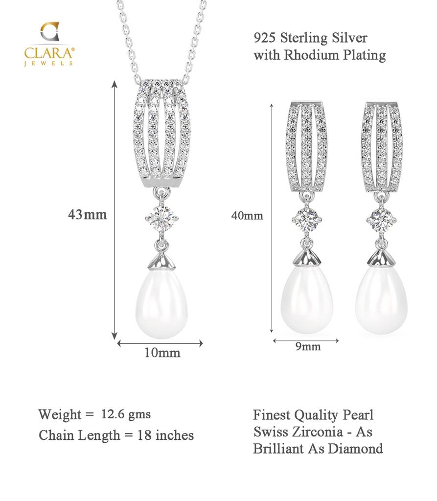 925 Silver Pearl Queen Pendant Earring Chain Jewellery Set Rhodium Plated Gift For Women : CSPCZP26E26