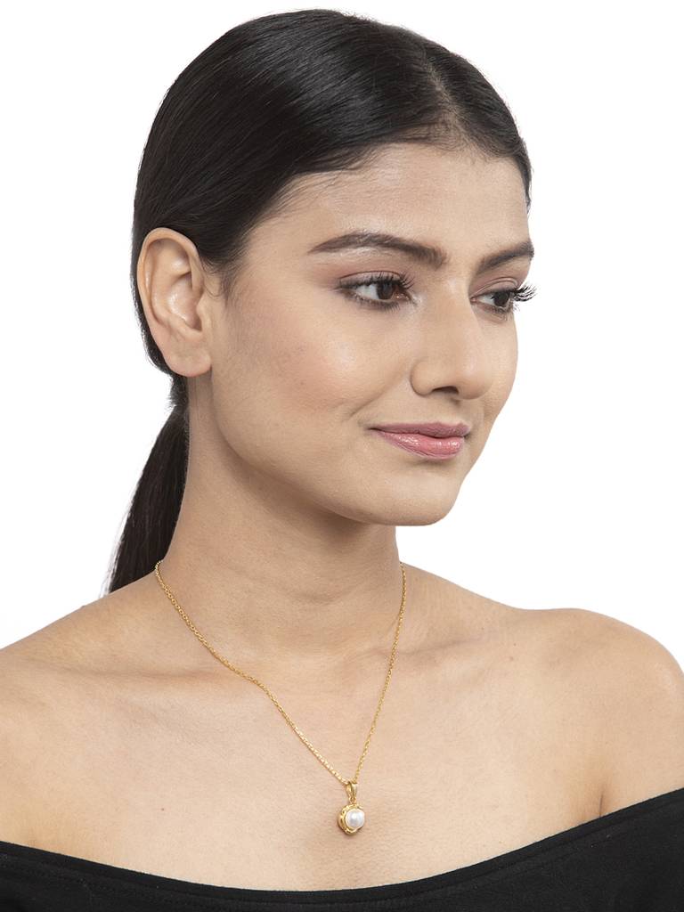 925 Silver Real Pearl Aki Pendant With Chain Necklace Rhodium Plated Gift For Women & Girls : CSPCZP27