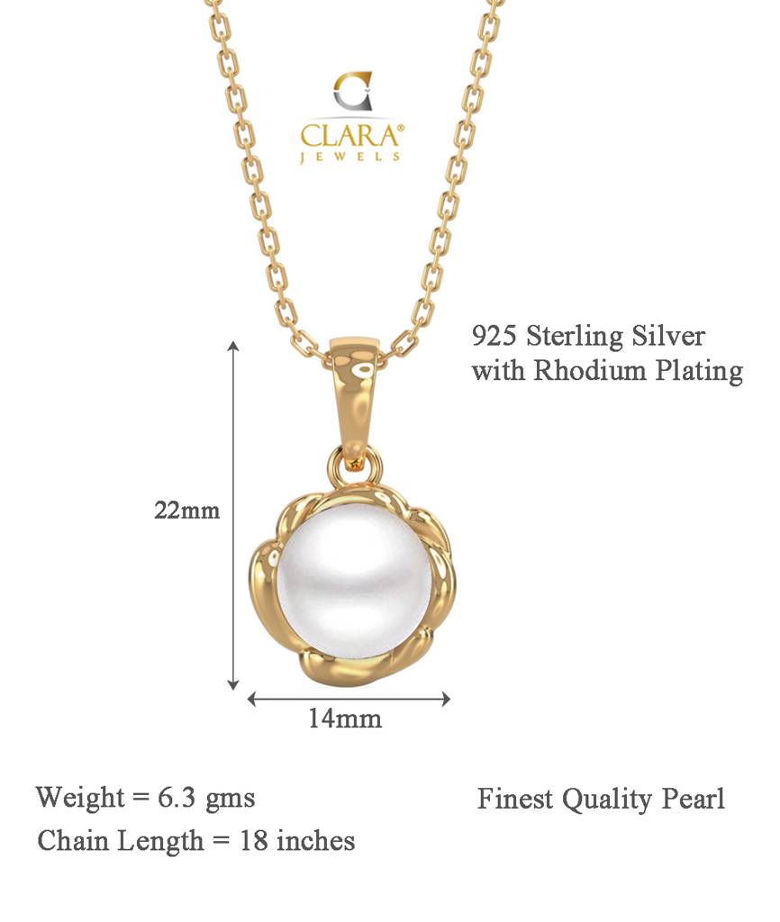 925 Silver Real Pearl Aki Pendant With Chain Necklace Rhodium Plated Gift For Women & Girls : CSPCZP27