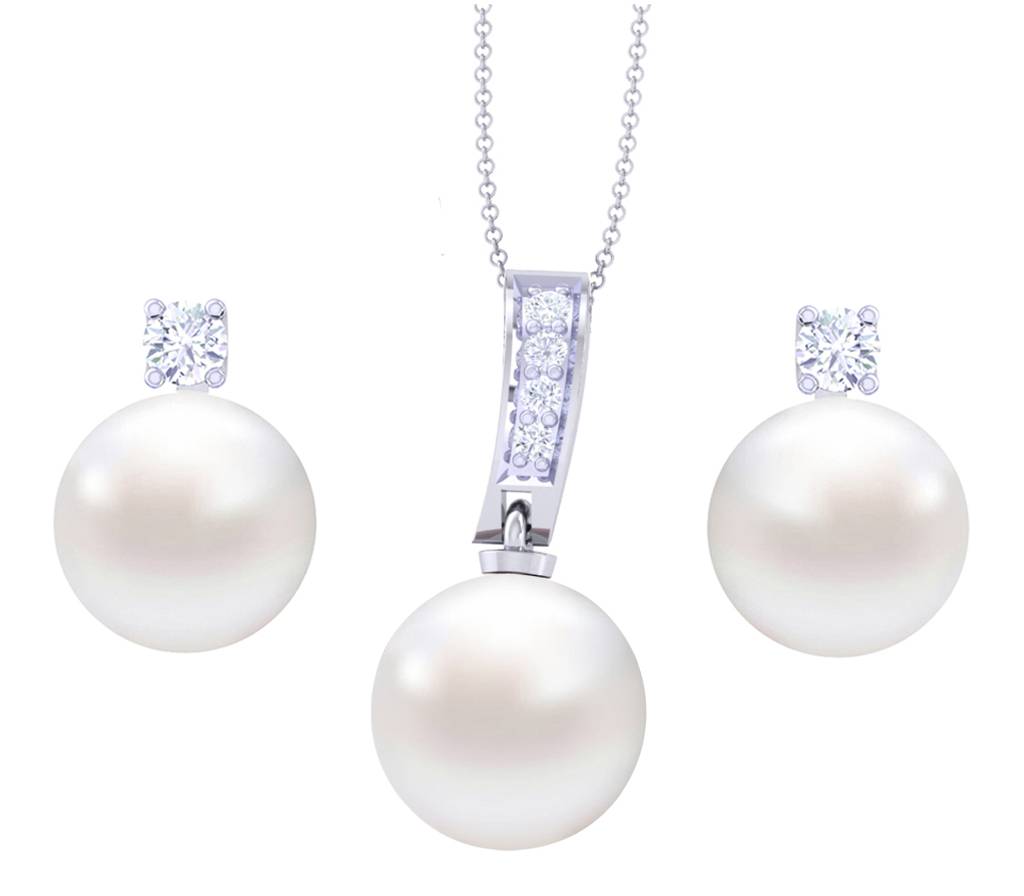 925 Sterling Silver Classic Pearl Pendant Earrings Chain Jewellery Set Gift For Women And Girls-Cspczp3E2 : CSPCZP3E2