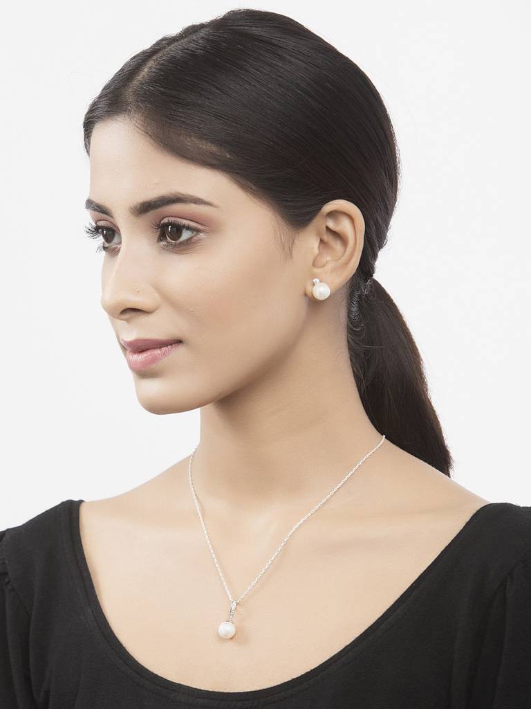 925 Sterling Silver Classic Pearl Pendant Earrings Chain Jewellery Set Gift For Women And Girls-Cspczp3E2 : CSPCZP3E2