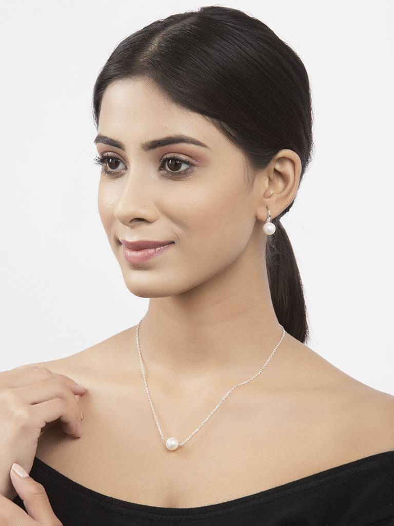 925 Sterling Silver Classic Pearl Pendant Earrings Chain Jewellery Set Gift For Women And Girls-Cspczp7E3 : CSPCZP7E3