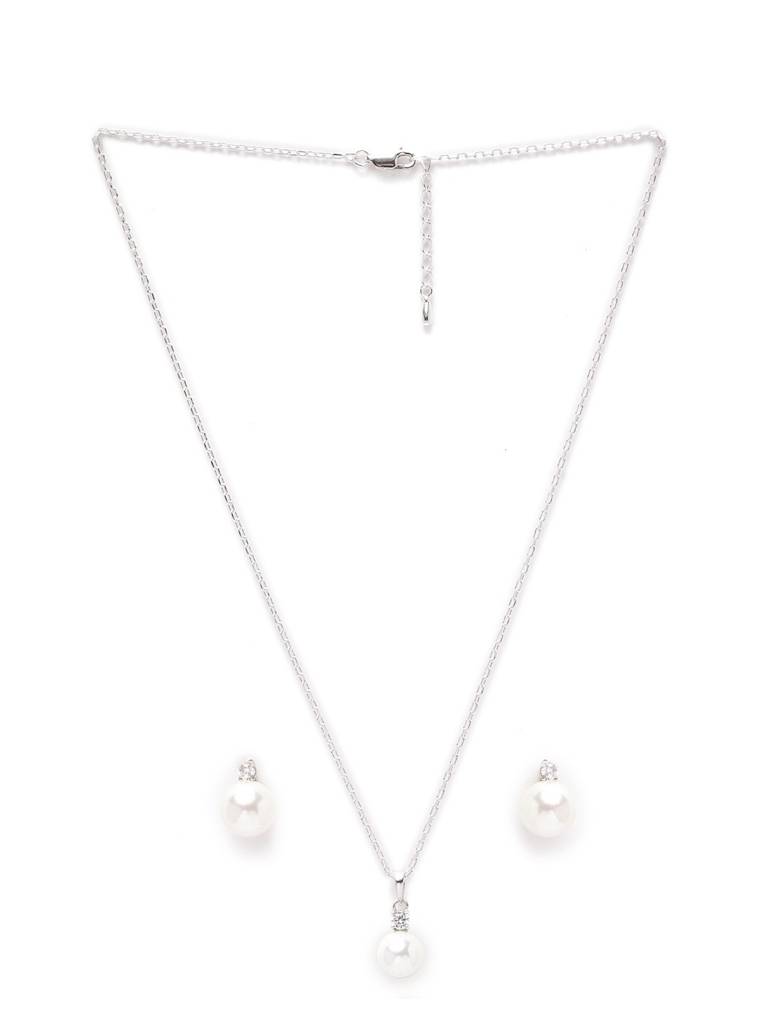 925 Sterling Silver Classic Pearl Pendant Earrings Chain Jewellery Set Gift For Women And Girls-Cspczp8E2 : CSPCZP8E2