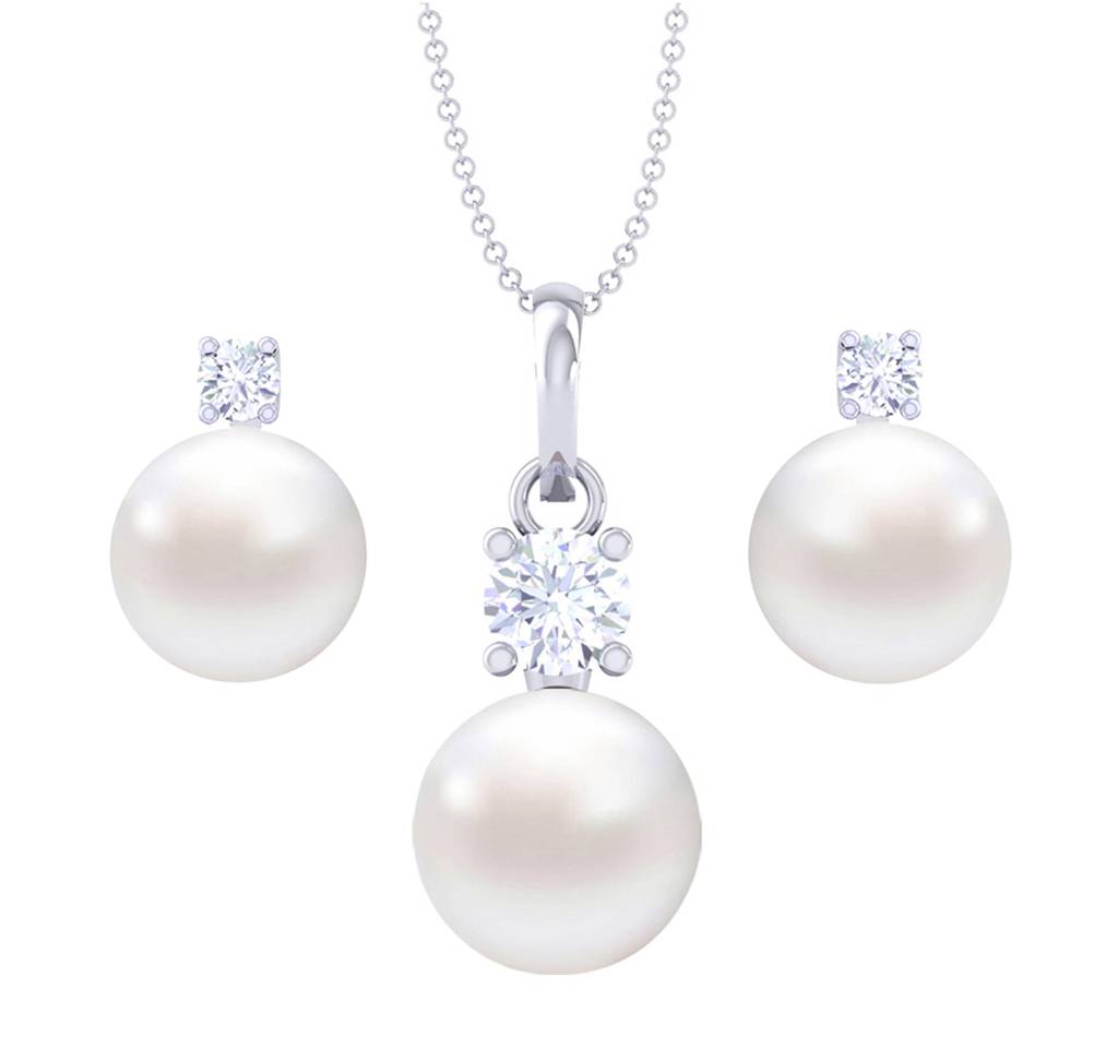 925 Sterling Silver Classic Pearl Pendant Earrings Chain Jewellery Set Gift For Women And Girls-Cspczp8E2 : CSPCZP8E2