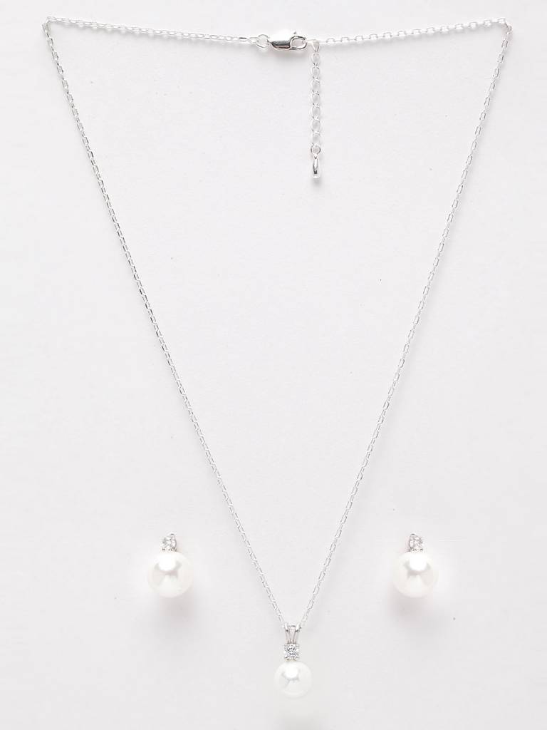 925 Sterling Silver Classic Pearl Pendant Earrings Chain Jewellery Set Gift For Women And Girls-Cspczp9E2 : CSPCZP9E2