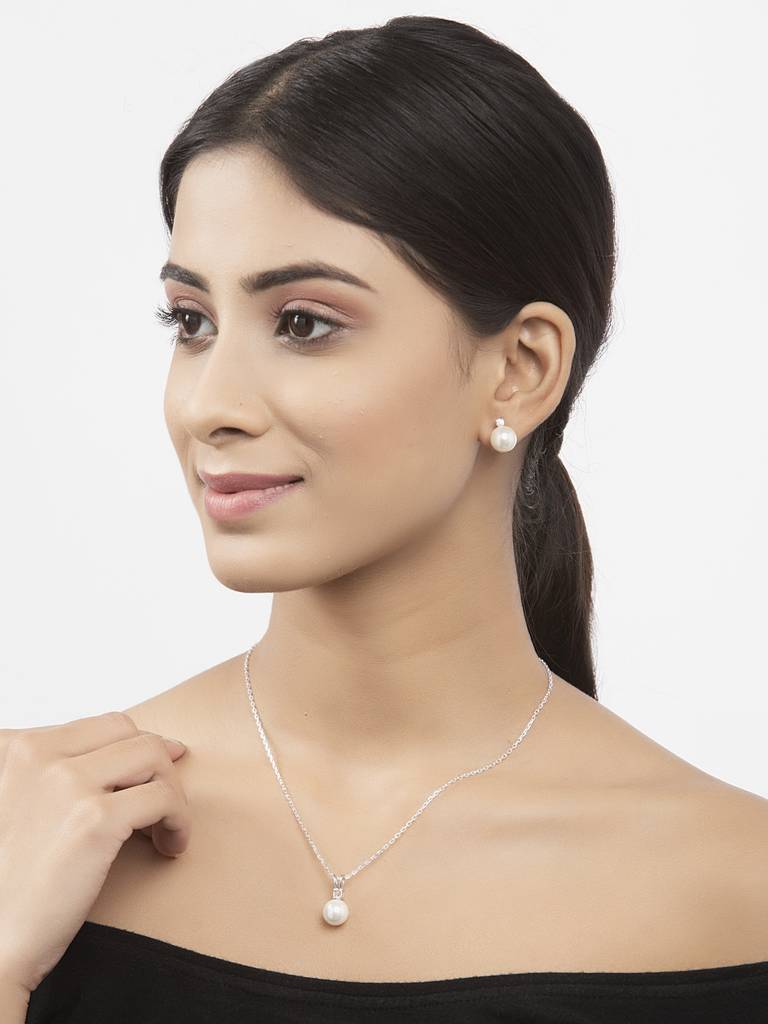 925 Sterling Silver Classic Pearl Pendant Earrings Chain Jewellery Set Gift For Women And Girls-Cspczp9E2 : CSPCZP9E2