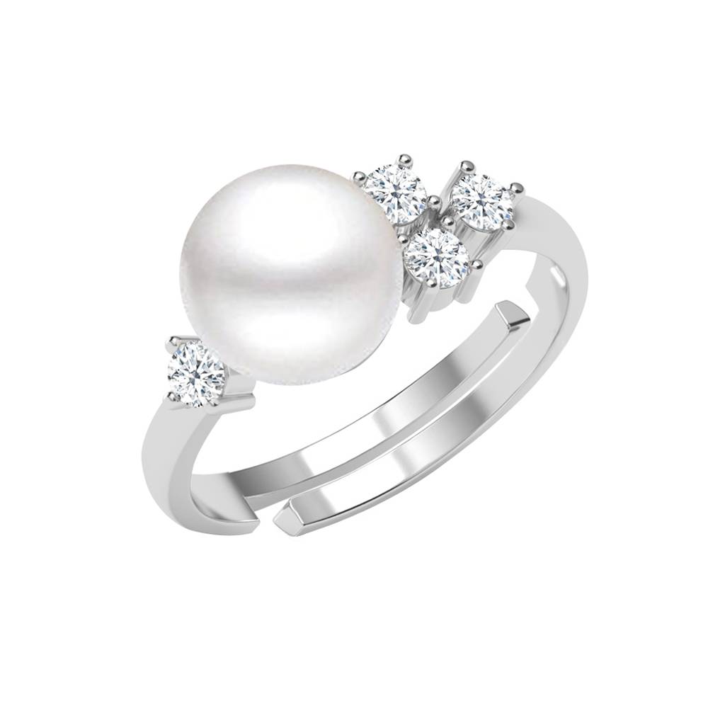 925 Silver Platinum Plated Swiss Zircon Vittoria Real Pearl Size Adjustable Finger Ring For Women & Girls : CSPCZR14