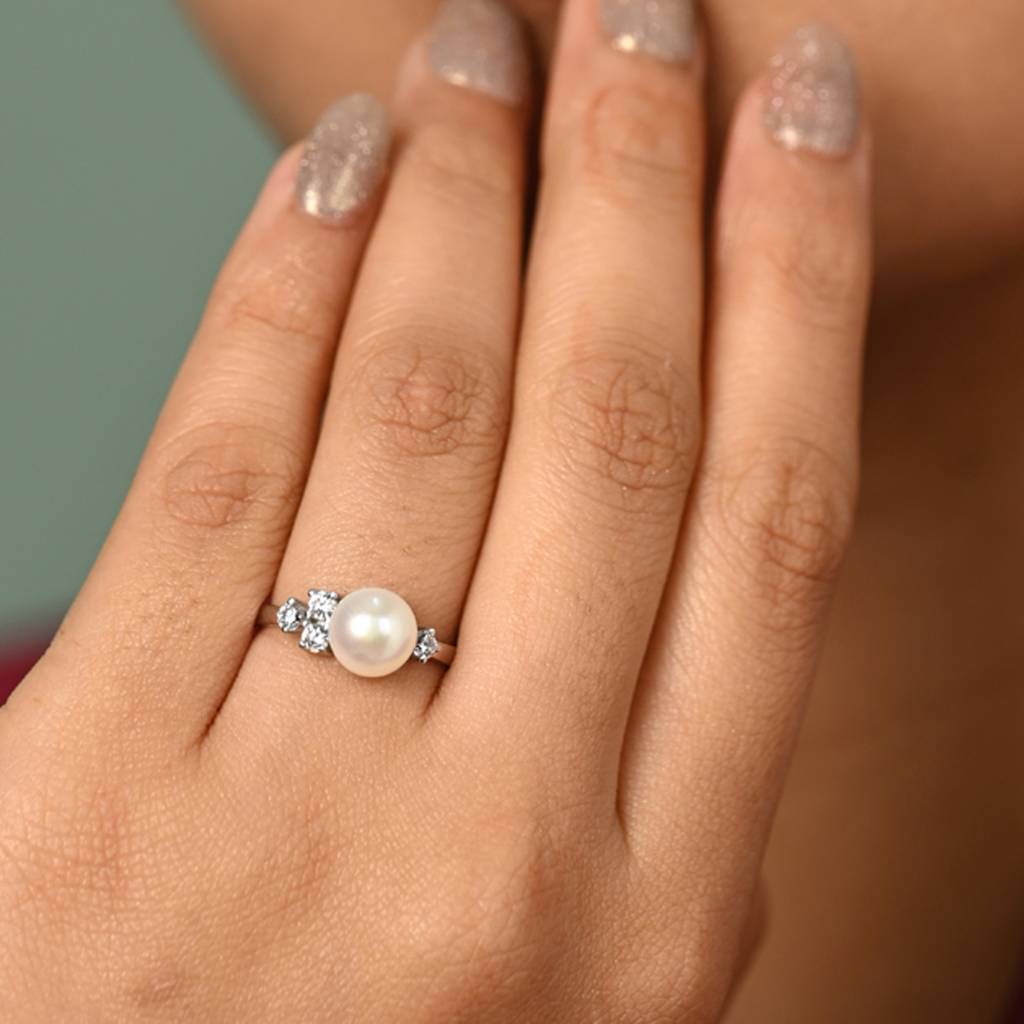 925 Silver Platinum Plated Swiss Zircon Vittoria Real Pearl Size Adjustable Finger Ring For Women & Girls : CSPCZR14