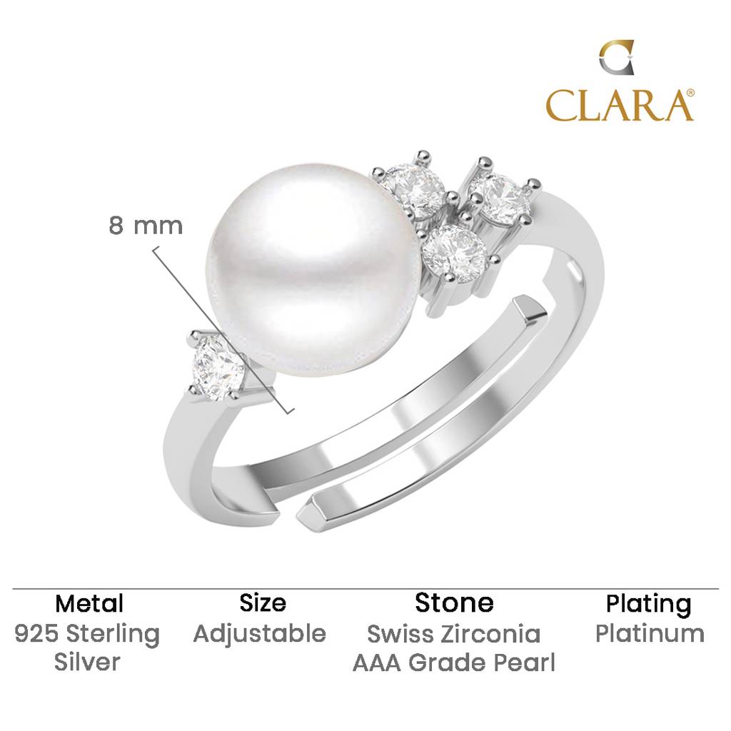 925 Silver Platinum Plated Swiss Zircon Vittoria Real Pearl Size Adjustable Finger Ring For Women & Girls : CSPCZR14