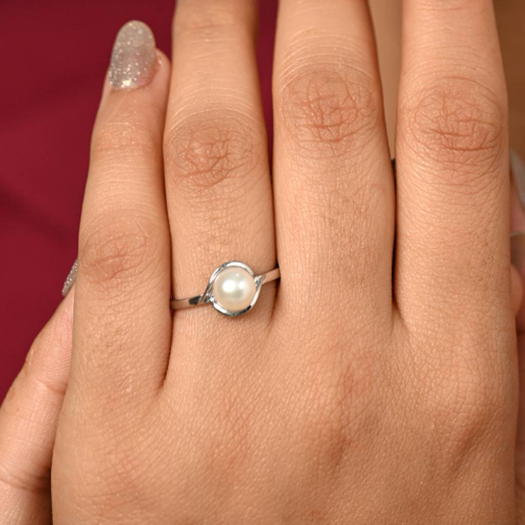 925 Silver Platinum Plated Sicily Real Pearl Size Adjustable Finger Ring For Women & Girls : CSPCZR17