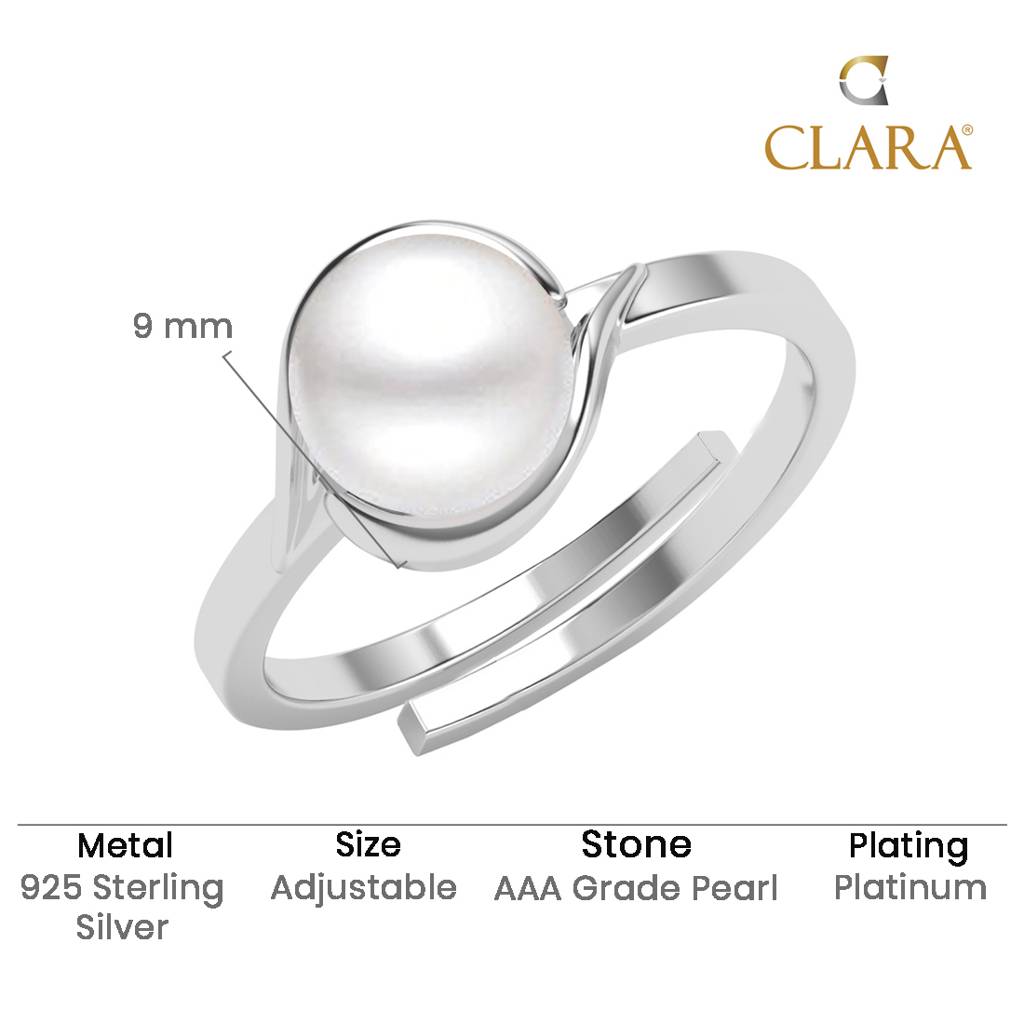 925 Silver Platinum Plated Sicily Real Pearl Size Adjustable Finger Ring For Women & Girls : CSPCZR17