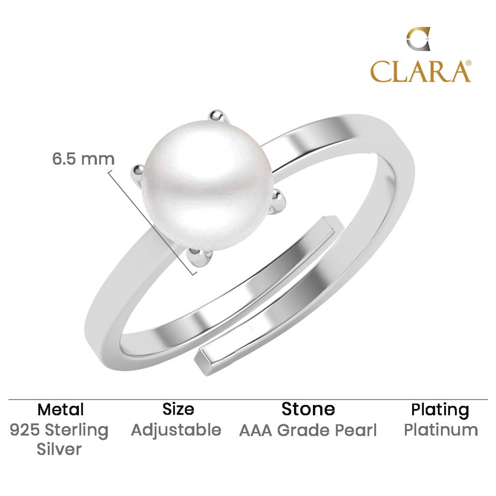 925 Silver Platinum Plated Fiora Real Pearl Size Adjustable Finger Ring For Women & Girls : CSPCZR18