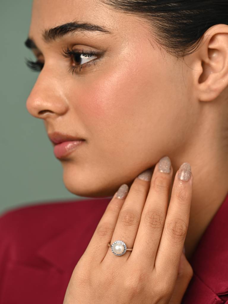 925 Silver Platinum Plated Swiss Zircon Izetta Real Pearl Size Adjustable Finger Ring For Women & Girls : CSPCZR22