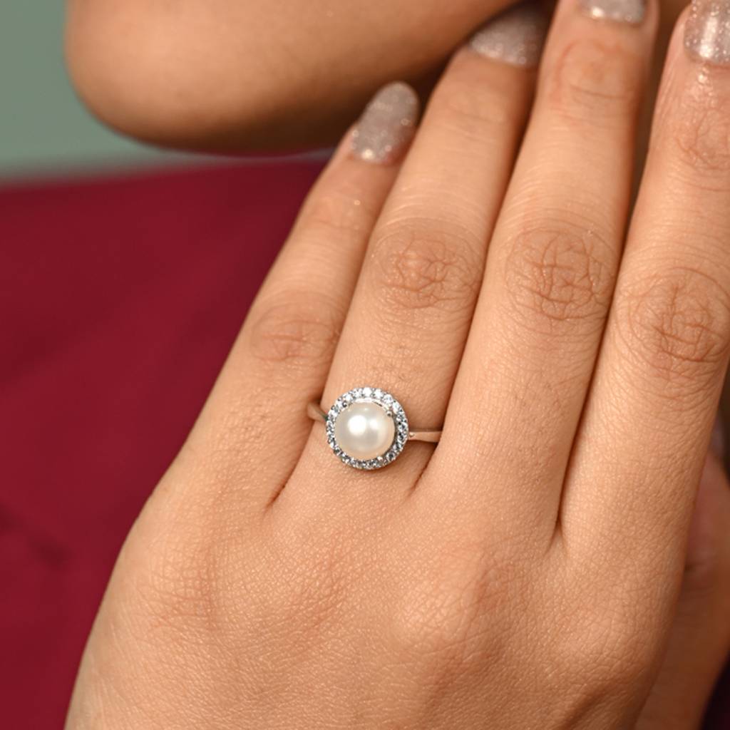 925 Silver Platinum Plated Swiss Zircon Izetta Real Pearl Size Adjustable Finger Ring For Women & Girls : CSPCZR22