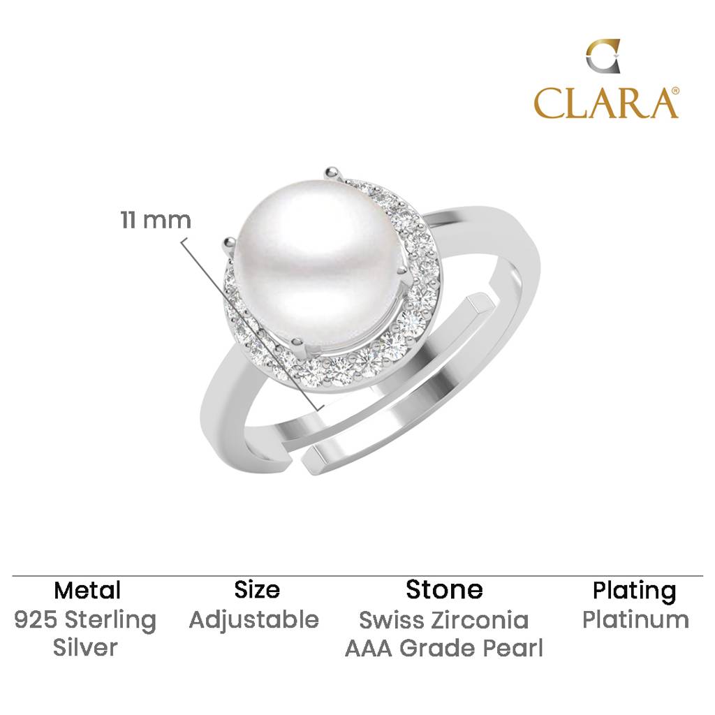 925 Silver Platinum Plated Swiss Zircon Izetta Real Pearl Size Adjustable Finger Ring For Women & Girls : CSPCZR22