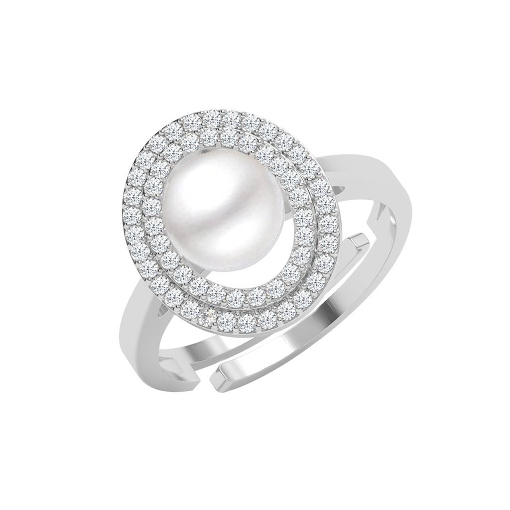 925 Silver Platinum Plated Swiss Zircon Fiore Real Pearl Size Adjustable Finger Ring For Women & Girls : CSPCZR23