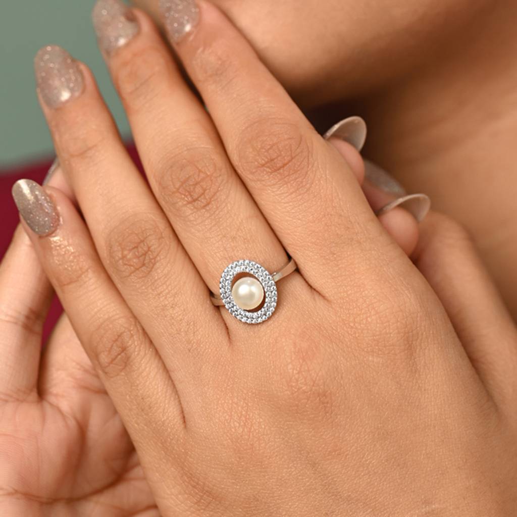 925 Silver Platinum Plated Swiss Zircon Fiore Real Pearl Size Adjustable Finger Ring For Women & Girls : CSPCZR23