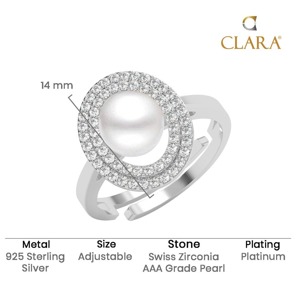 925 Silver Platinum Plated Swiss Zircon Fiore Real Pearl Size Adjustable Finger Ring For Women & Girls : CSPCZR23