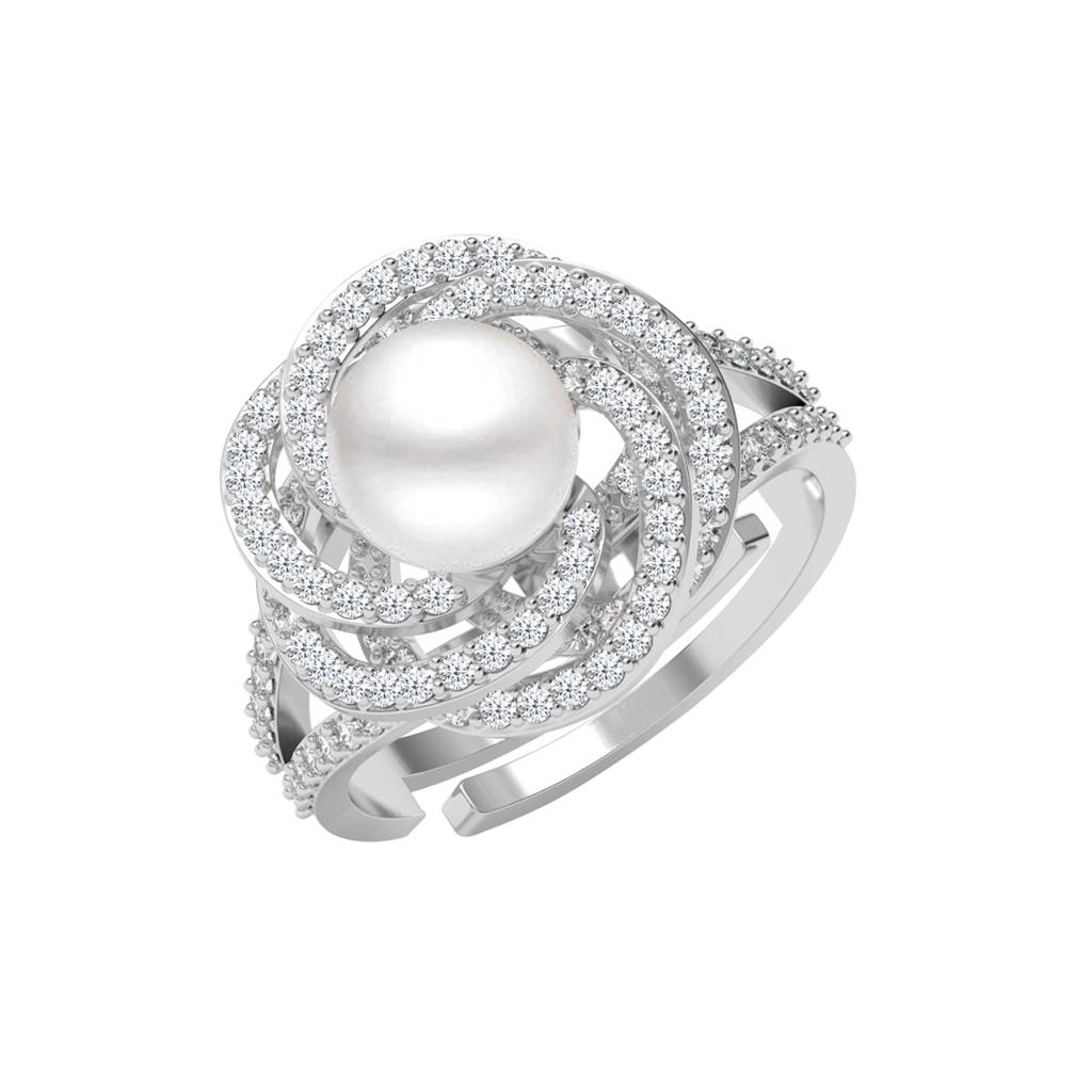 925 Silver Platinum Plated Swiss Zircon Capree Real Pearl Size Adjustable Finger Ring For Women & Girls : CSPCZR24