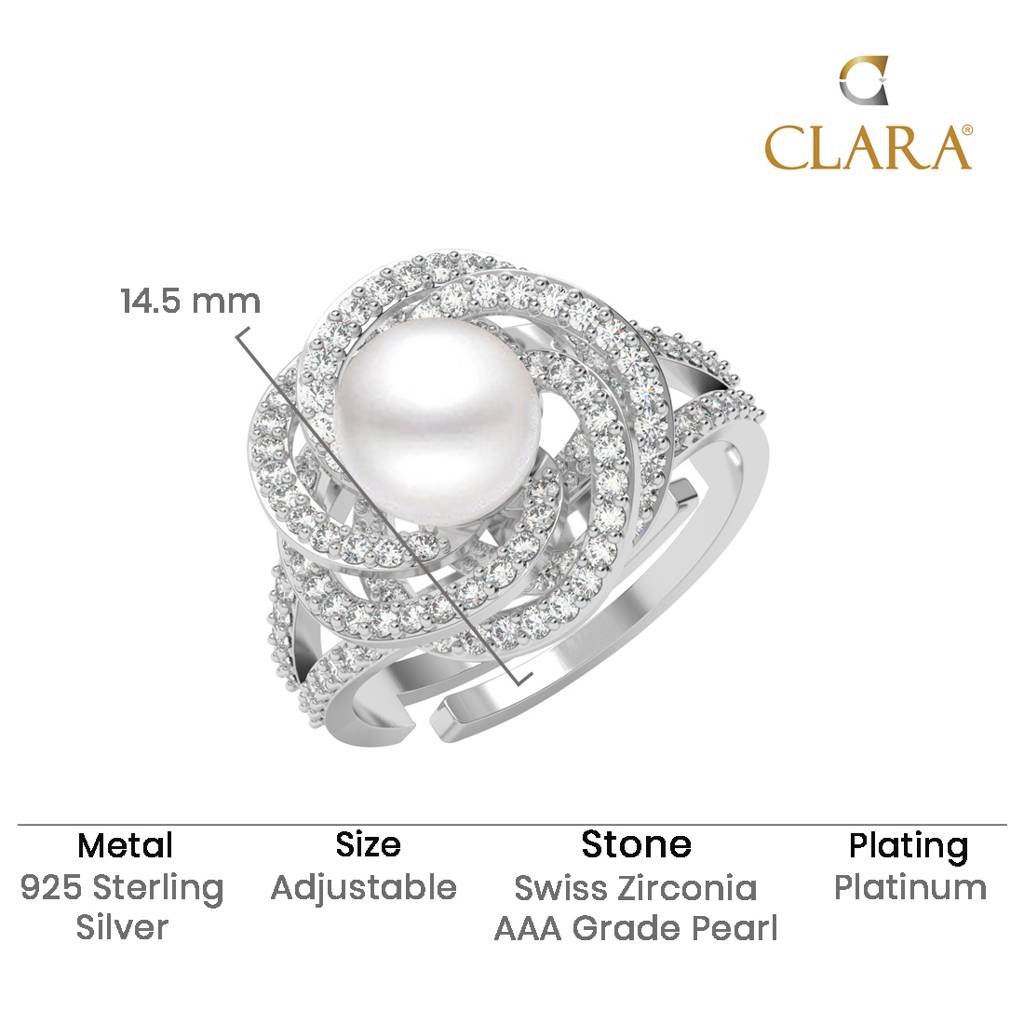 925 Silver Platinum Plated Swiss Zircon Capree Real Pearl Size Adjustable Finger Ring For Women & Girls : CSPCZR24
