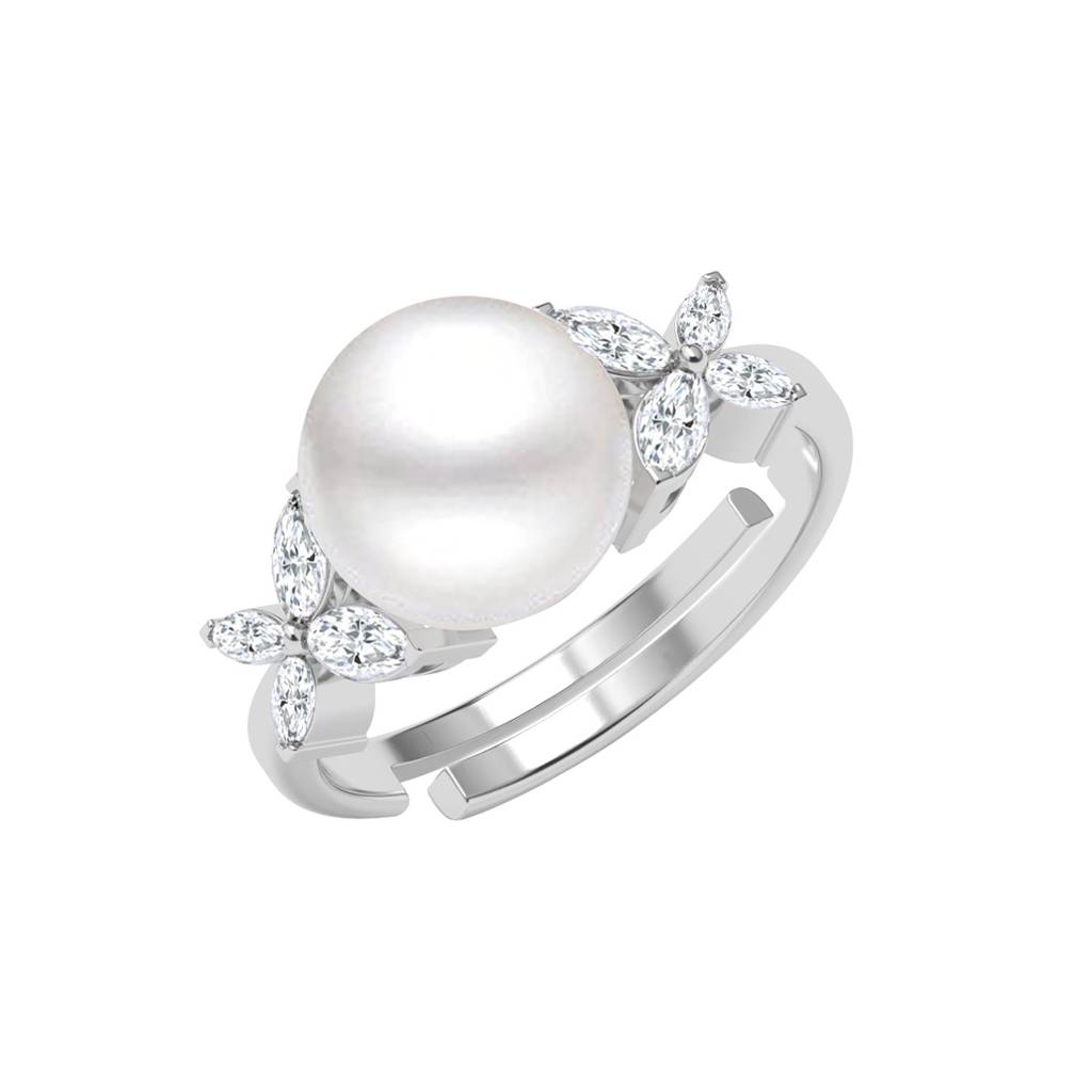 925 Silver Platinum Plated Swiss Zircon Uberta Real Pearl Size Adjustable Finger Ring For Women & Girls : CSPCZR25