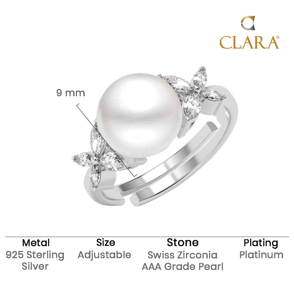 925 Silver Platinum Plated Swiss Zircon Uberta Real Pearl Size Adjustable Finger Ring For Women & Girls : CSPCZR25