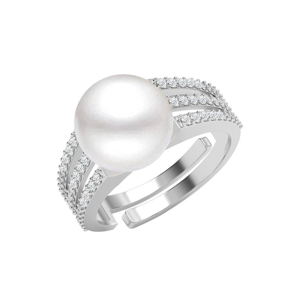 925 Silver Platinum Plated Swiss Zircon Oriella Real Pearl Size Adjustable Finger Ring For Women & Girls : CSPCZR26