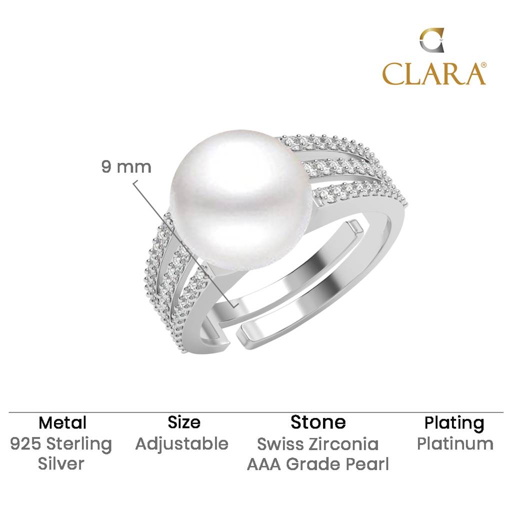 925 Silver Platinum Plated Swiss Zircon Oriella Real Pearl Size Adjustable Finger Ring For Women & Girls : CSPCZR26
