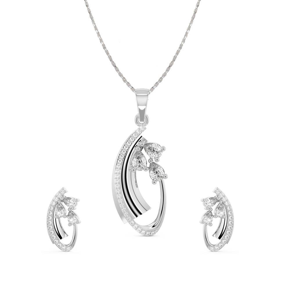 925 Sterling Silver Rhodium Plated Swiss Zirconia Orla Pendant Earring Chain Jewellery Set Gift For Women & Girls : CSPSP1E1