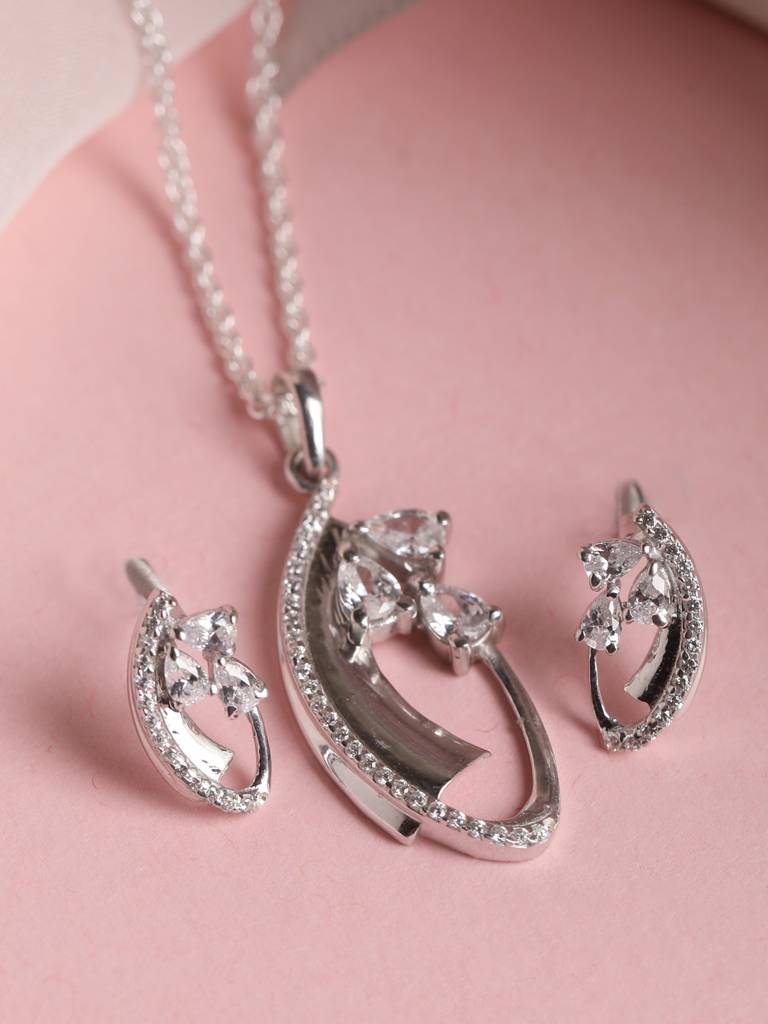 925 Sterling Silver Rhodium Plated Swiss Zirconia Orla Pendant Earring Chain Jewellery Set Gift For Women & Girls : CSPSP1E1